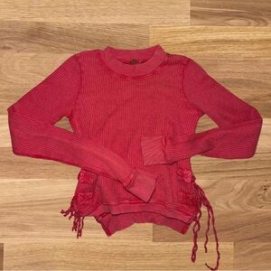Free People Red Ribbed Long Sleeve Hoodie